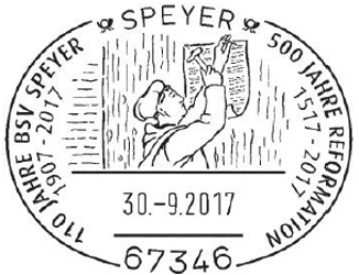 Luther Briefmarken, 30.09.2017 Speyer "500 Jahre Reformation - Luther" Stempelnummer 19/279, Thesenanschlag, 95 Thesen, Reformation