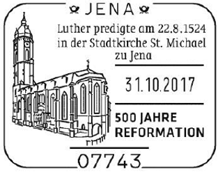 Luther Briefmarken, Luther, Martin Luther, Reformation, 31.10.2017, Jena, "500 Jahre Reformation Luthers" ,Stadtkriche St.Michael, Jena, Stempelnummer 21/335
