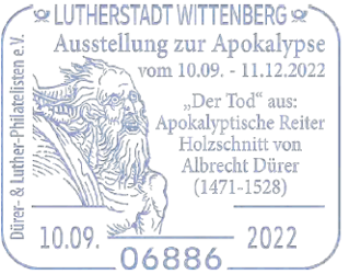 Dürer- & Luther-Philatelisten e. V., Ausstellung zur Apokalypse, Dürer, Cranach, Haus Lucas Cranach d. J., Cranach Haus, Lutherstadt Wittenberg, Apokalyptischer Reiter, Holzschnitt von Albrecht Dürer